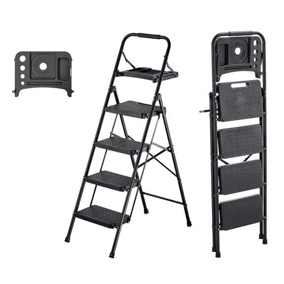 4-Step Folding Steel Ladder, Anti-Slip, Tool Tray, 600lb, Black