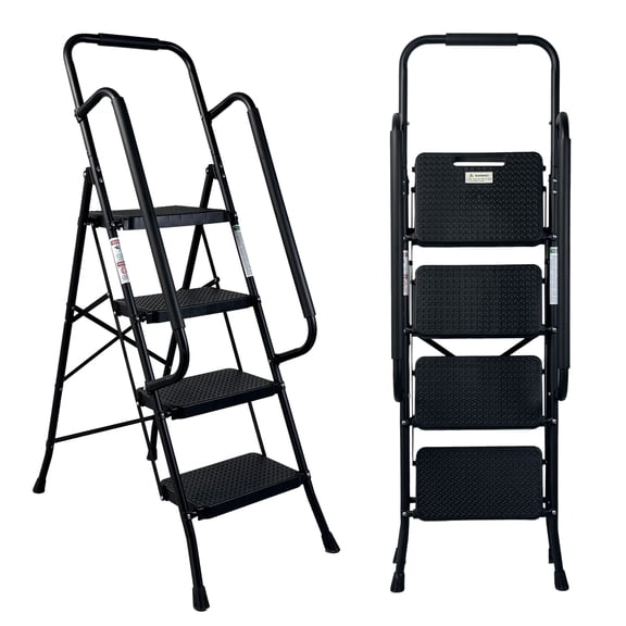4 Step Folding Steel Step Ladder with Handrail, Portable Step Stool Featuring Wide Anti Slip Pedal, Sturdy Lightweight Household Ladder