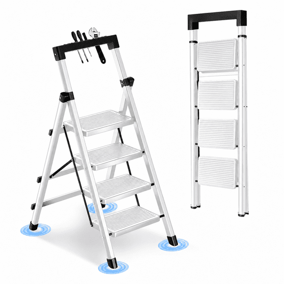 JaxSteam 4-Step Folding Ladder with Tool Tray 500 lbs Steel Step Stool Non-Slip Pedal, White