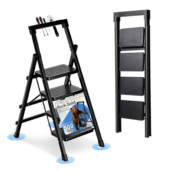 JaxShark 4-Step Folding Ladder with Tool Tray 500 lbs Steel Step Stool Non-Slip Pedal,Black