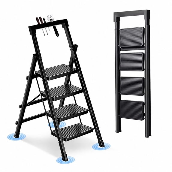 JaxSteam 4-Step Folding Ladder with Tool Tray 500 lbs Steel Step Stool Non-Slip Pedal, Black