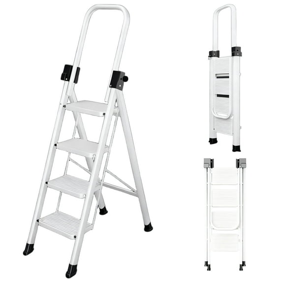4-Step Folding Step Stool with Wide Anti-Slip Pedal,330lb Capacity Sturdy Steel Ladder for Home,Kitchen, Bathroom,White