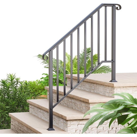 4 Step Handrails for Outdoor Steps, Fit 3 or 4 Steps Outdoor Stair Railing for Concrete Steps, Black Wrought Iron Railing, Exterior Hand Railing for Steps Adjustable Metal Hand Rails for Deck Porch