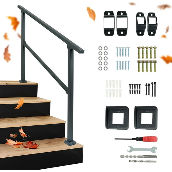 4-Step Handrails for Outdoor Steps, HandRail Fit 3 or 4 Steps Outdoor Stair Railing Deck Handrail Black Wrought Iron Hand Rails Kit