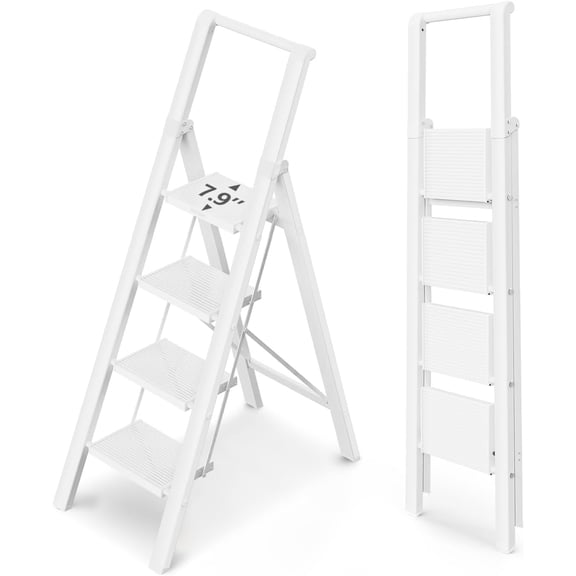 4 Step Ladder for 10 High Ceiling, Lightweight Foldable Ladder with Non-Slip Wide Pedals, Step Stool with Safe Handrail, Space Saving for , Kitchen, Indoor & Outdoor 300lbs - White