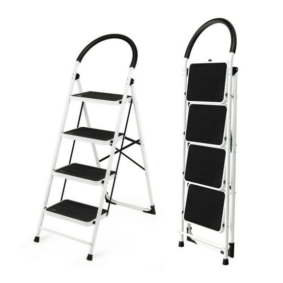 4-Step Ladder - 330 Lbs Capacity - Folding Step Stool with Anti-Slip Pedals - Heavy Duty Iron Frame - Portable Home Office Utility Ladder for Indoor Use