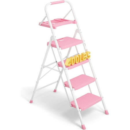 4-Step Ladder, 400lbs Load, Folding Step Stool with Tool Tray, Anti-Slip Pedals, Sturdy , Lightweight Portable Ladder with Handrail for & Work Use,