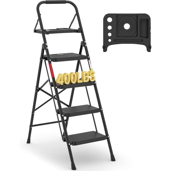 4-Step Ladder, 400lbs Max Load, Folding Step Stool with Tool Tray, Anti-Slip Pedals, Sturdy Steel, Lightweight Portable Ladder with Handrail for Home & Work Use, Black