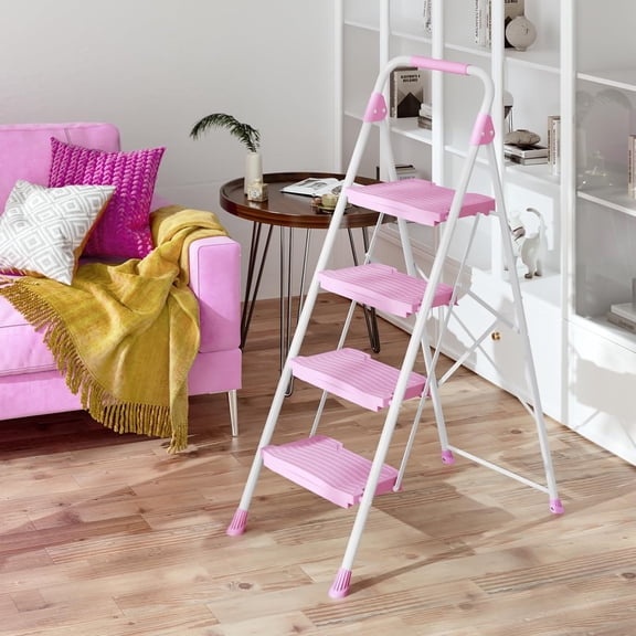 4 Step Ladder, 900lbs Sturdy Step Stool with Handrail, Anti-Slip Wide Pedals, Foldable Stepladder for Home, Garage, Garden, Household, Pink, Pass 900LBS Testing