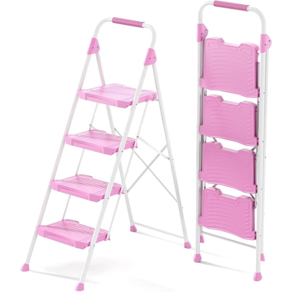 4 Step Ladder, 900lbs Sturdy Step Stool with Handrail, Anti-Slip Wide Pedals, Foldable Stepladder for Home, Garage, Garden, Household, Pink, Pass 900LBS Testing