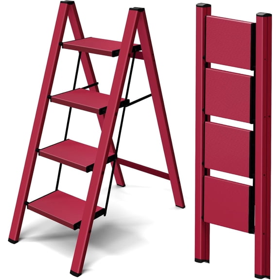 4 Step Ladder,Aluminum Lightweight Folding 4 Step Stool with Anti-Slip Wide Pedal,330lbs Capacity Step Ladder for Household,Kitchen,Office - Red