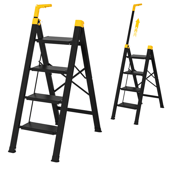 4 Step Ladder,Extendable Single-Handrail Lightweight Aluminum Step Ladder 4 Step Folding,600lbs Max Load Capacity for Household,Kitchen,Office (Yellow)