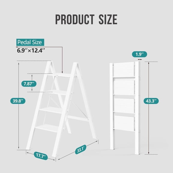 4 Step Ladder, Foldable Step Stool, Aluminum Lightweight Ladder for Home Kitchen Closet, Anti-Slip Pedals, Ease of Folding, Portable, 300lbs Capacity - White