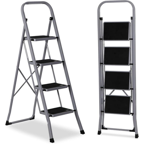 4 Step Ladder Folding Step Stool for Adult,Wide Anti-Slip Pedal, 330 lbs Load Capacity,Foldable Portable Sturdy Lightweight Tall Ladder for Closet,Kitchen,Office & Home(Grey)