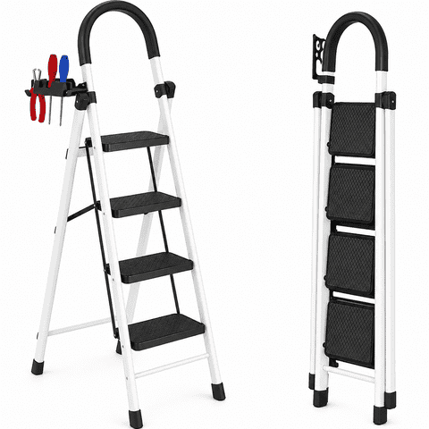 4 Step Ladder Folding Step Stool for Adults, Heavy Duty Steel Step Ladder with Wide Anti-Slip Pedals, Handrail & Tool Holder, Small Ladder for Home, Kitchen, Closet, Garage & Home Improvement