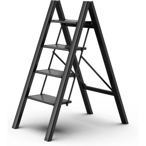 4 Step Ladder Folding Step Stool with Anti-Slip Sturdy and Wide Pedal for Adults&Elderly, Aluminum Portable Lightweight Stepladder for Home Kitchen Office, Black, 330lbs