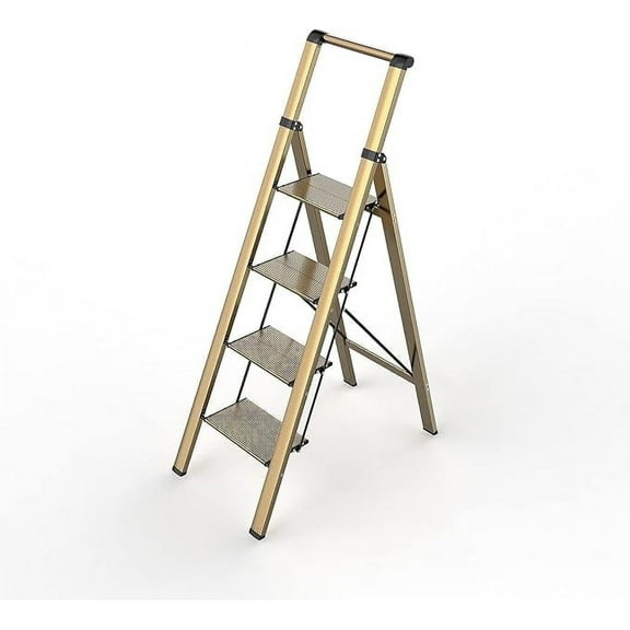 4 Step Ladder, Folding Step Stool with Anti-Slip Wide Sturdy Pedal and Handgrip, Portable Lightweight Aluminum Stepladder, 300 lbs Capacity, Multi-Use for Home, Library - Brown Gold