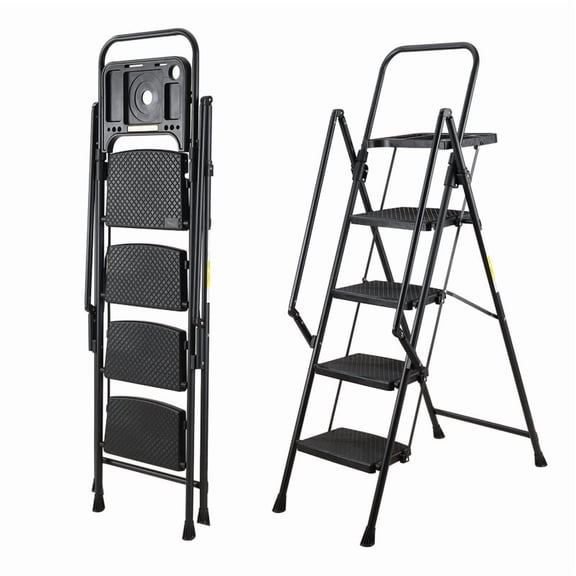 4 Step Ladder, Folding Step Stool with Non-Slip Wide Pedals, Soft Handle, Non-Slip Feet, Sturdy Steel Construction, 440 lb Capacity Steel Ladder, Suitable for Home & Office