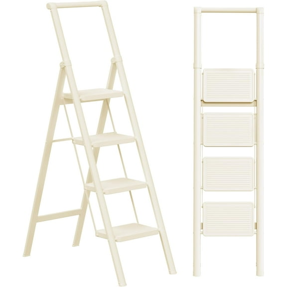 4 Step Ladder Folding Step Stool Stepladders with Anti-Slip and Wide Pedal for Home and Kitchen Use Space Saving (White)
