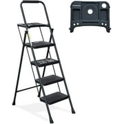 HBTower 4 Step Ladder with Tool Platform, Folding Step Stool Wide Anti-Slip Pedal, Lightweight Ladder, 330lbs, Black