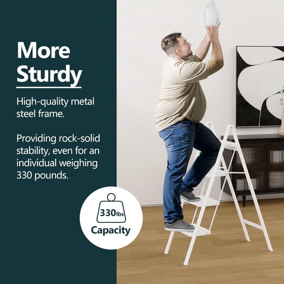 4 Step Ladder, Folding Step Stool with Wide Pedals, Sturdy Steel Ladders with Anti-Slip Feet, Compact Kitchen Stepping Stool, Supports up to 330 lbs - White
