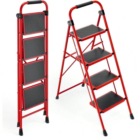 4 Step Ladder Folding Step Stool With AntiSlip And Wide Pedal Lightweight Stepladder With Handrails Portable For Kitchen Household Red