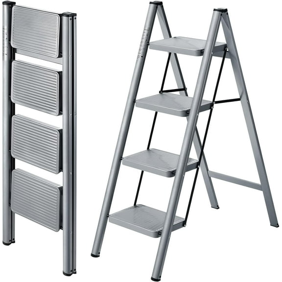 4 Step Ladder, Folding Step Stool with Anti-Slip Wide Pedal, Portable Sturdy Steel Ladder 4 Steps, 330lbs Safety Kitchen & Household Ladder