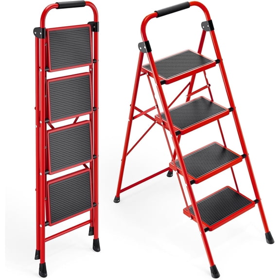 4 Step Ladder, Folding Step Stool with Anti-Slip and Wide Pedal, Lightweight Stepladder with Handrails, Portable for Kitchen, Household, Red