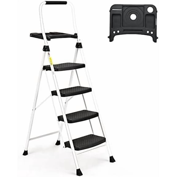 4 Step Ladder, Folding Step Stool with Tool Platform, Sturdy& Portable Steel Ladder for Adults, 330LBS Capacity Ladder for Home Kitchen Pantry Office