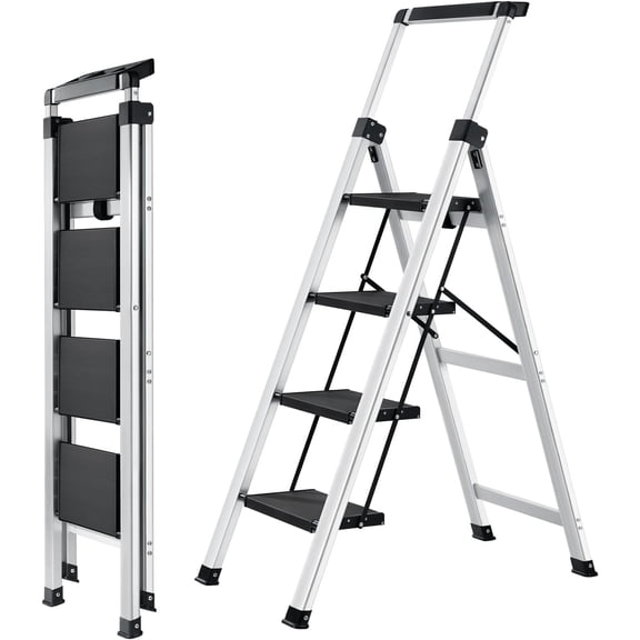 4 Step Ladder, Folding Stool with Retractable Handrails & Tool Tray, Anti-Slip, Sturdy Lightweight, 330lbs Safety for Kitchen Indoor Outdoor