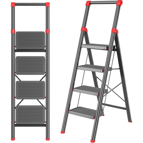 4 Step Ladder, Folding Stool with Wide Anti-Slip Pedal, Feet and Handgrip, Sturdiest Steel Construction, Ladder for Home, Black Red
