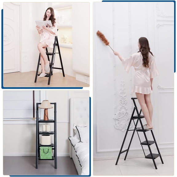 4 Step Ladder with Handgrip & Tool Bag - Black, Folding Step Stool with Wide Non-Slip Pedals, 330 lbs Capacity, Portable Safety Ladder for Home, Kitchen, Office Use