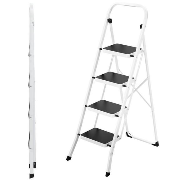 Jocauto 4 Step Ladder with Handrail, 330 lbs Heavy Duty Folding Step Stool for Adults, Anti-Slip Wide Pedals, Lightweight & Portable, Space-Saving Design, White