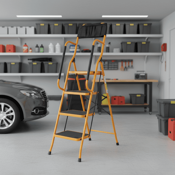 4 Step Ladder with Handrails, 330lbs Capacity Heavy Duty Steel Step Stool for Home, Kitchen, Garage & Shelf Access | Non-Slip Padded Rails, Wide Anti-Skid Pedals, Foldable & Includes Tool Pouch