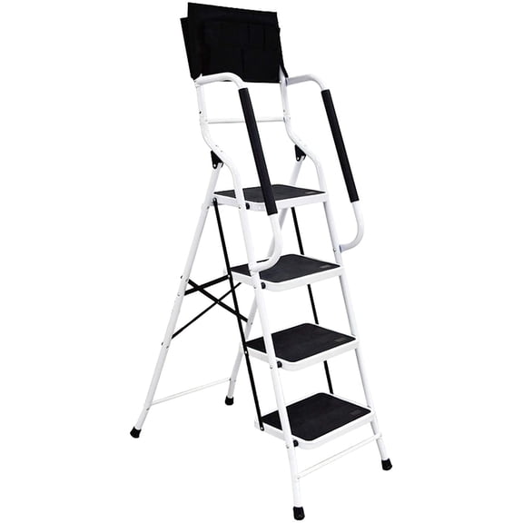 4 Step Ladder with Handrails 500 lb Capacity Step Stool Folding Portable Ladders for Home Kitchen Steel Frame with Non-Slip Wide Pedal Stepladder with Attachable Tool Bag White