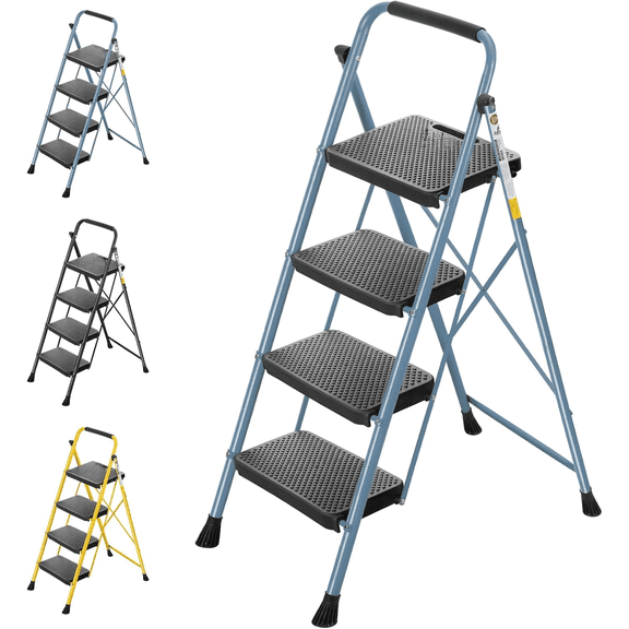 4 Step Ladder, Heavy Duty Foldable Step Stool, Portable Steel Folding Stool for Household Garage Storage (Blue)