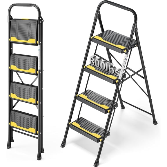 4 Step Ladder, Heavy-Duty Pass 800lb Capacity Test, Wide Anti-Slip Steps & Secure Handrail Compact, Folding Step Stool Portable Design for Home, Kitchen, Office, Pantry, Closet Use, Black