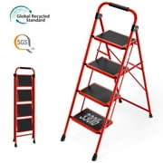 KINGRACK 4 Step Folding Stool Ladder with Handrail, Anti-Slip Platform, 330lb Heavy Duty, Portable Lightweight for Home Office, Red