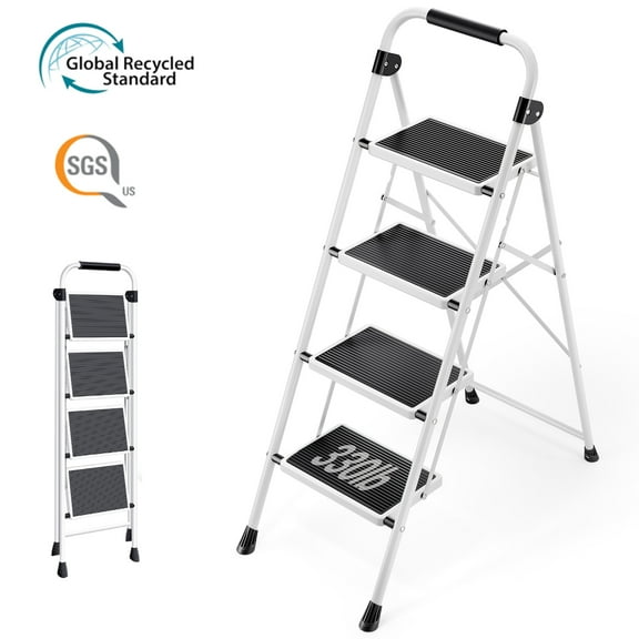 4 Step Ladder, KK KINGRACK Folding Metal Step Stool with Wide Pedal & Safety Lock for Home Office, 330 lbs, White