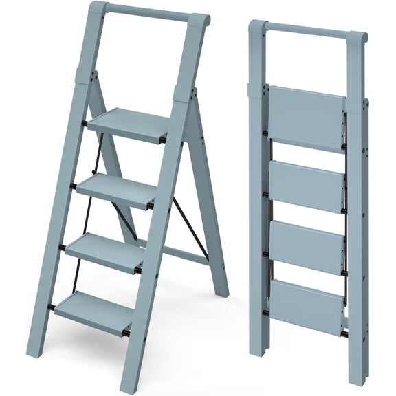4 Step Ladder, Lightweight Folding Step Stool with Convenient Handgrip,Aluminum 330lbs Capacity Step Ladder for Office,Household,Kitchen,Library(Blue)