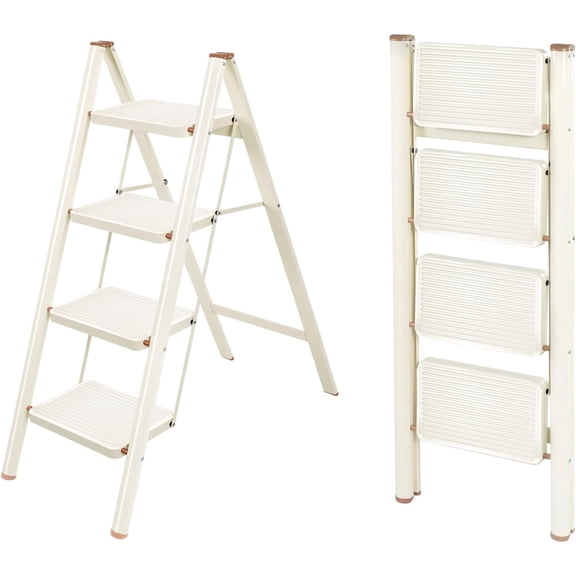 4 Step Ladder,Lightweight Folding Step Stool with Wide Anti-Slip Pedal, 330LBS Capacity, Heavy Duty,Sturdy Iron Metal Step Stool for Home, Kitchen, Closet, Adults, Cream White