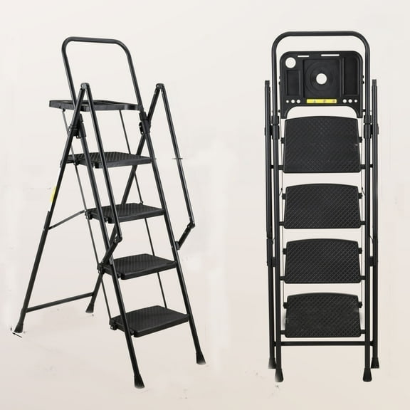 4 Step Ladder Portable Non-Slip Steel Folding Step Stool with Detachable Tool Tray for Home Use and Easy Climbing