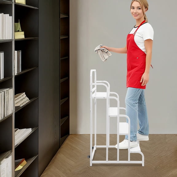 4-Step Ladder, Step Stair for Warehouse, Stock Picking Ladder, 330.69 lbs Load, 2 Wheels for Easy Moving, White