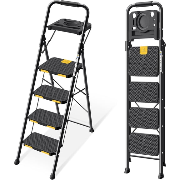 4 Step Ladder with Tool Platform, Folding Step Stool with Wide Pedal, Safety Locking, Sturdy Steel Ladder Portable Safety Ladder for Painting Home Outdoor Garage
