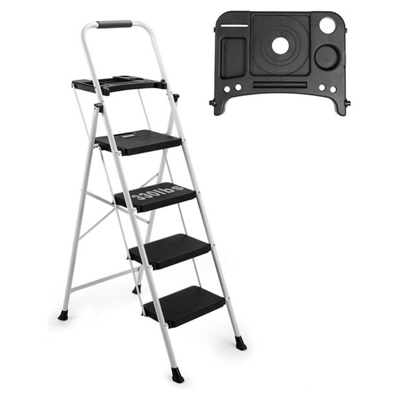 4-Step Ladder with Tool Platform, Wide Anti-Slip Platform & Thick Rubber Feet - Lightweight Heavy Duty Foldable & Portable - 330 lbs Capacity, Rubber Handgrip, Folding Step Stool - White