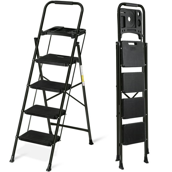 4 Step Ladder Tool Tray Folding Step Stool w Wide Non-Slip Pedal Handgrip Black For Daily Life