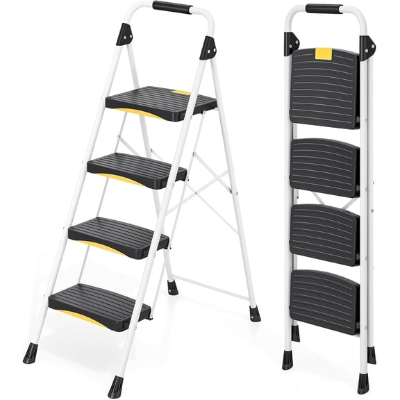 4 Step Ladder for Home,Folding Step Stool for Adults,800LBS,White