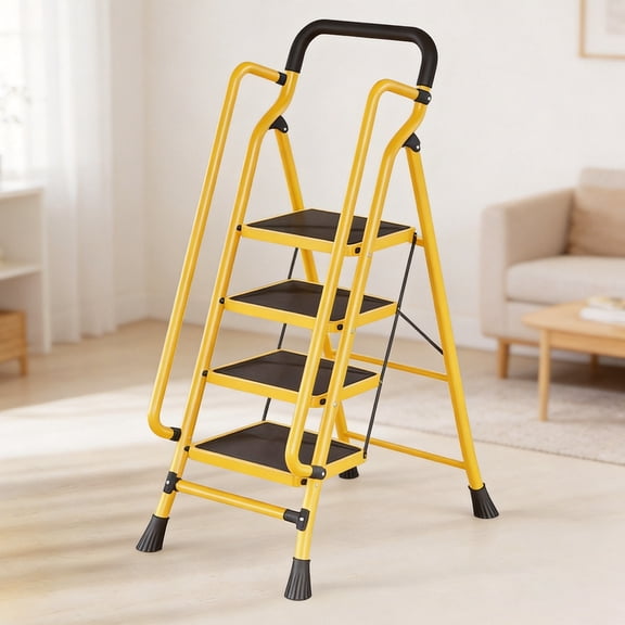 4 Step Ladder with Handrails, Folding Step Stool,Heavy Duty Step Ladders with Anti-Slip Widen Pedals, 500 lbs