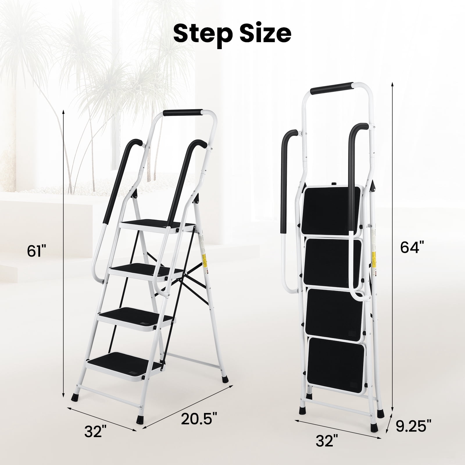 Step Ladder with Handrails, Portable Folding Step Stool with Safety Lock,  Lightweight Step Stool Foldable for Library Home Garage Office