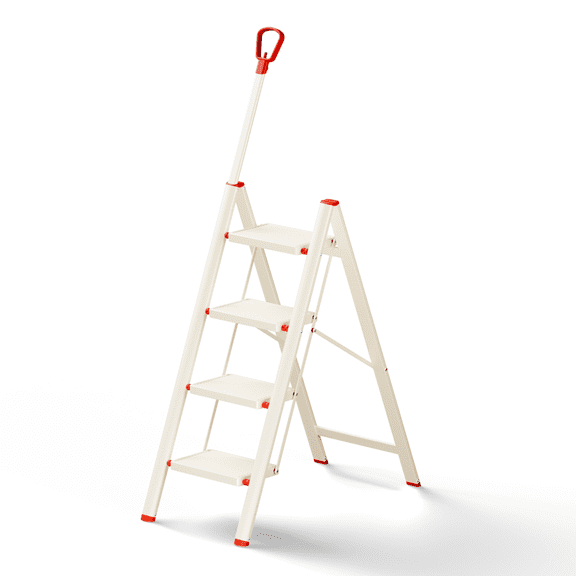 4 Step Ladder with Single-Handrail,Foldable Step Stool with Anti-Slip Wide Pedals for Home Kitchen Closet, Step Ladder 4 Step Folding Beige